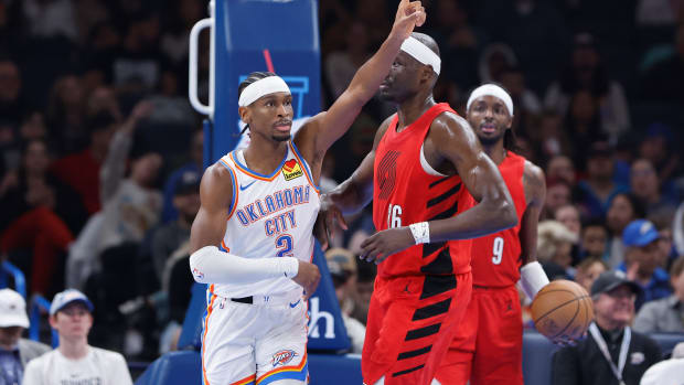 Jan 11, 2024; Oklahoma City, Oklahoma, USA; Oklahoma City Thunder guard Shai Gilgeous-Alexander (2) gestures to his team after scoring against the Portland Trail Blazers during the second quarter at Paycom Center.